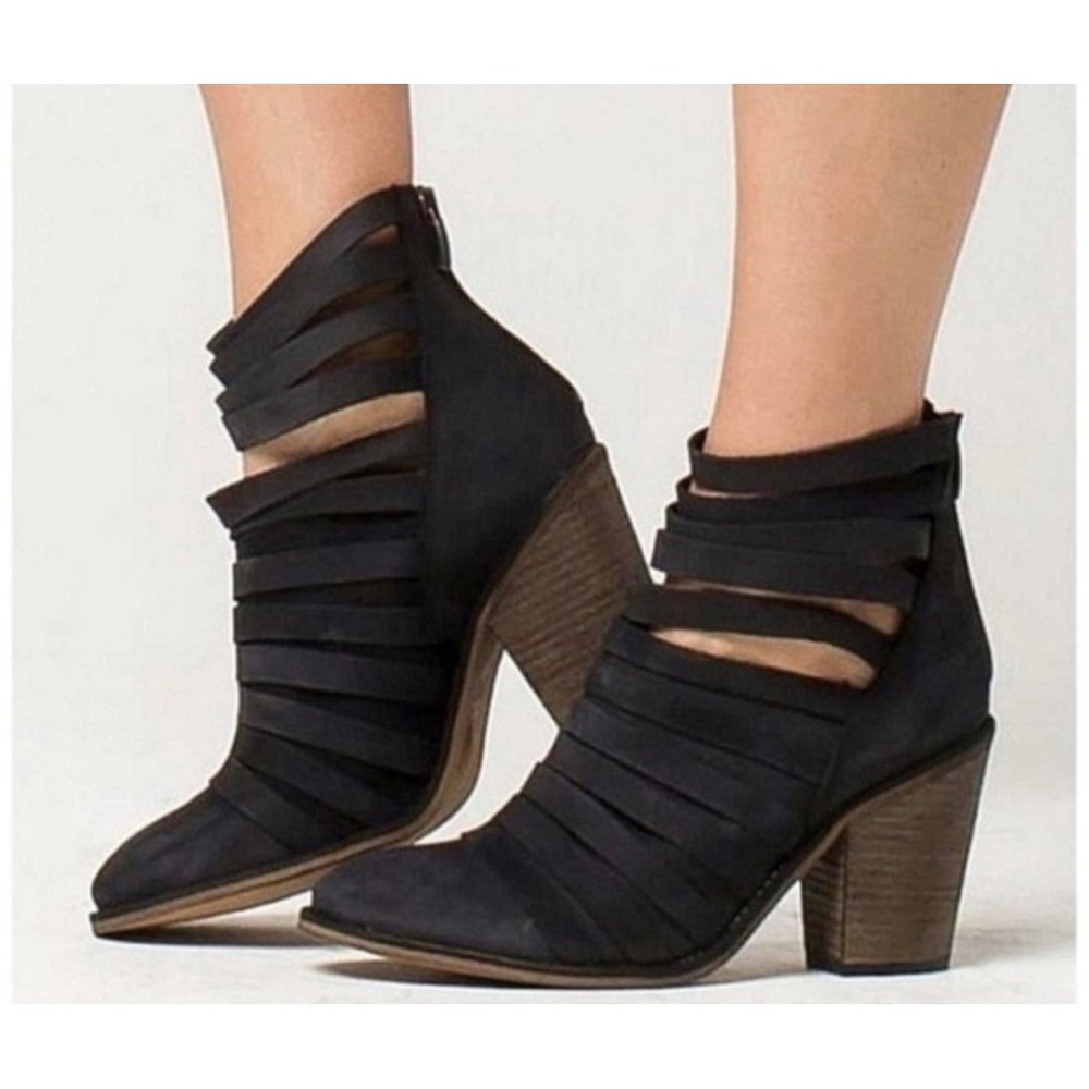 Free People Hybrid Strappy Nubuck Leather Ankle Booties Black Heel 38 US‎ 7.5